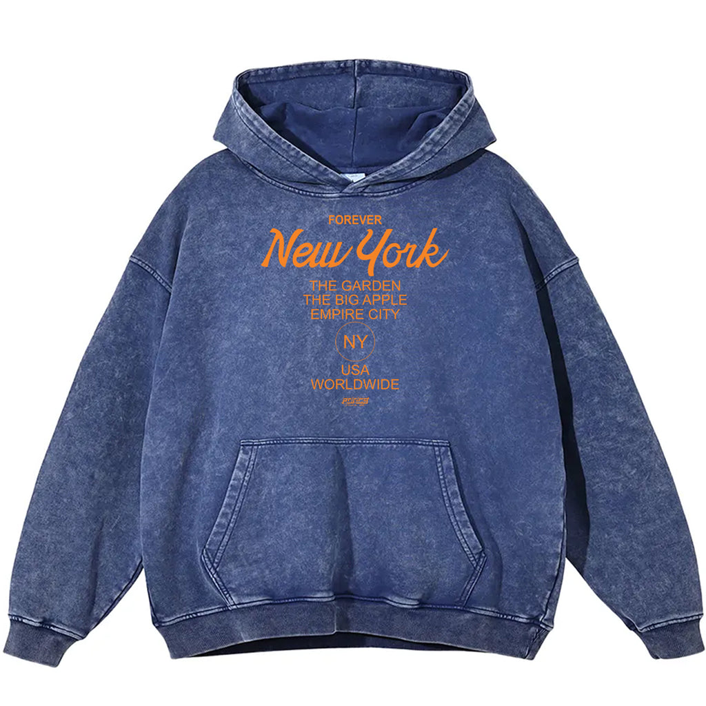 Tour NY Forever Snow Washed Loose Cotton Hoodie Blue