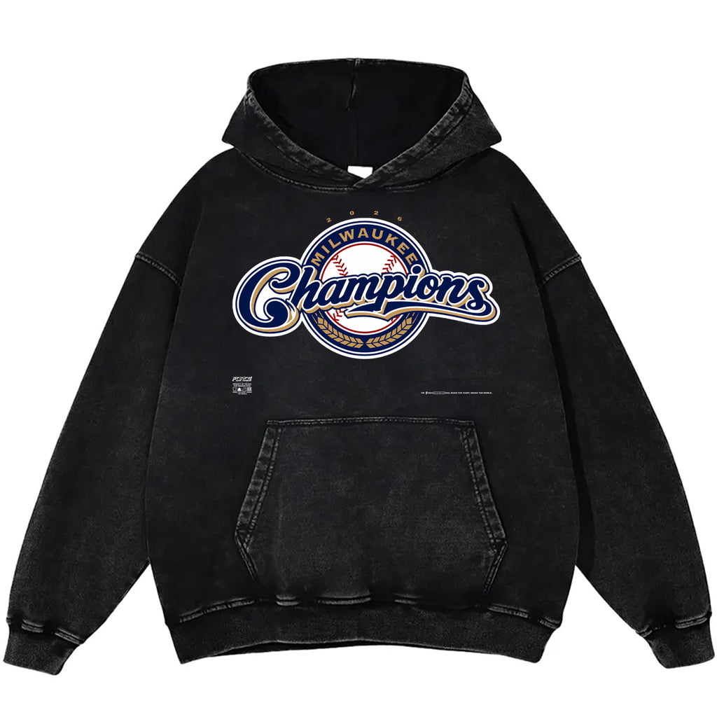 Tour MKE Champs Snow Washed Loose Cotton Hoodie Black